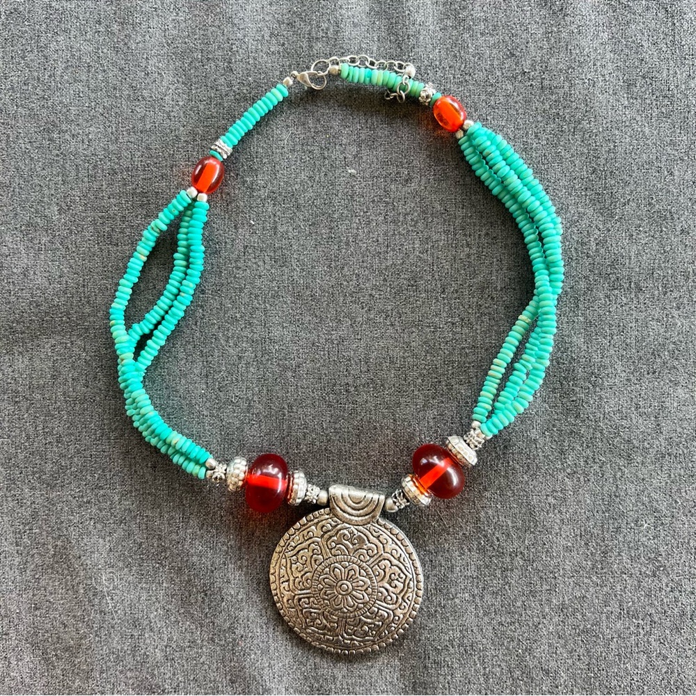 Tibetan Turquoise Red Coral Bohemian Nepalese Gemstone Handmade Necklace 18"